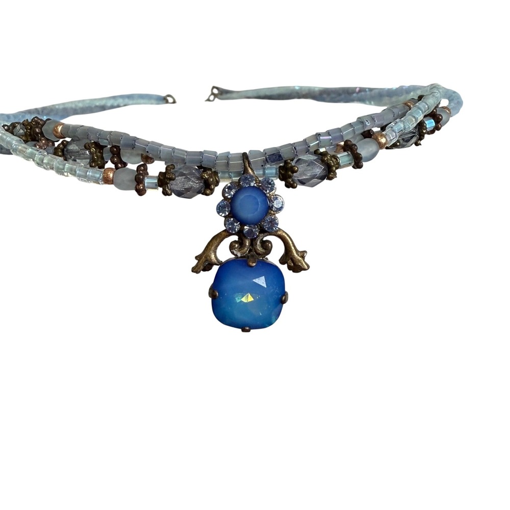 Vintage Blue Crystal‎ Beaded Choker Necklace Rhinestone Pendant Brass Filigree